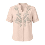 Women Floral Embroidery Puff Short Sleeve T Shirt Stand Collar V Neck Button Down Loose Solid Tees Summer Boho Casual Office Top