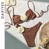 Sexy 3D Flower Patchwork Swimwear Thong Bikini 2024 Women Lace-up Swimsuit Halter Drawstring Swimming Bathing Suit Biquini Mujer