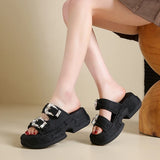 Luxury Rhinestone Thick Bottom Sandals Women 2026 New Silk Satin Embroidery High Heel Sandals Woman Summer Thick Heeled Slippers