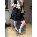 Sweet Korean Style Lace Loose Short Skirt White Tiered Ruffled Mini Skirt Elastic Waist Cute Casual Summer Skirt For Women EHAB