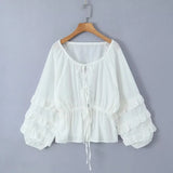 Foridol Tie Up Ruffles Lantern Sleeve White Blouse Women Spring Fashion Pelpum Top 2025 Summer O Neck Beach Casual Chic Blusa