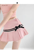 Striped Contrasting Color Bow Lace Splicing Pleated Skirt Women 2026 Summer American Style Low Waist  A-line Short Skirt UBFK
