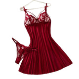 Wine Red Ladies' Countryside Style Wheat Ear Embroidery Semi Transparent Nightgown, Elegant and Comfortable, Bow Design ZA825066