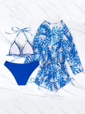 3 Pieces Bikini Tropical Print Swimsuit Halter Drawstring Side Swimwear Women 2026 Bathing Suit Female Swimming Summer Beachwear