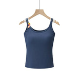 Fashion Solid Color Thin Strap Floral Chest Pad Women White Ribbed Top With Sleeveless Slim Fit Casual Summer Top Charming 3N4J