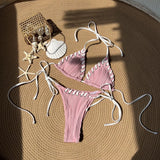 2025 Halter Wrinkled Weaved Bikini Women Swimwear Female Swimsuit Two Pieces Bikini Set Brazilian Bathing Suit Swim Beach Wear