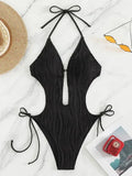 S - XXL Halter V Neck Wrinkled Female Swimwear One Piece Swimsuit Women Backless Monokini High Cut Bathing Suit Swim Beach Wear