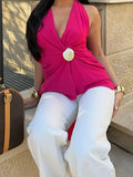 Women Casual Shell Deep V-Neck Wrap Halter Neck Party Beach Club Dress Summer Solid Color Sleeveless Backless Mini Dresses