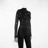 Women Rhinestone Fishnet T-shirt Solid Color Long Sleeve Crop Tops See Through Hollow Out Sexy Shirts Female Smock Tops