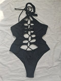 Hollow Out Swimwear Women 2025 High Neck Solid Black Cut Out Backless Monokini Bandage Bathing Suit Holiday One Piece Swimsuit