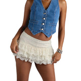Women Summer Solid Color Mini Skirts Casual Elegant  Low Rise Layered Ruffle Lace Skirt for Beach Vacation Club