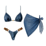 3Pcs Denim Printed Bikini 2026 Women Sexy Swimsuit Leather Strap Swimwear Bandeau Biquini Female Push Up Bathing Suit Beachwear