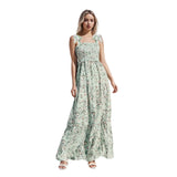 Women Summer Sleeveless Beach Club Long Dresses Casual Tie up Strap Floral Print Ruffled A-Line Party Dress