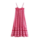 Foridol Crochet Bohemian Summer Dress for Women Spaghetti Strap Red Vintage Tassel Beach Dress Maxi Long Casual Sundress Autumn