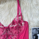Toucheart Sexy Lingerie Embroidery Printing Bra Garters Set For Women Mesh See- Through Hollow Out Exotic Sexy Underwear Suit