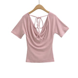 Spring Korean Slim Fit Deep V Neck Tie-Up Clean Face Crop Top Short Sleeve Pullover T-Shirt Base Shirt Solid Color Fashion RM7O