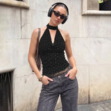 FDYOUI Women's Chic Polka Dot Tanks Top 2026 Summer Off Shoulder Lace Patchwork Corset Bandage Backless Crop Tops Streetwear