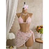 With Sarong Halter Printed Bikini Women Swimwear Female Swimsuit Padded Bather Bathing Suit Swim Three-pieces Bikini set K8073