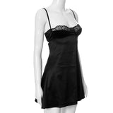 Women Summer Mini Dress Spaghetti Strap Lace Trim Corset Backless Satin Dress Retro Sexy Elegant Club Dresses Female