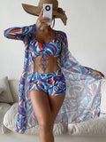 3 Pieces Sexy Print Bikini 2026 Women High Waist Swimsuit & Kimono Swimwear Female Lady Bathing Suit Swimming Summer Beachwear