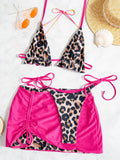 2026 Summer Leopard Print 3 Pieces Suit Swimwear Reversible Sexy Halter Lace-up Bikini Set Drawstring Skirt Cover Up Beachwear