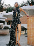 Ahagaga Fashion Maxi Dresses Women Sexy Halter Neck Hollow Out High Split Polka Dot Print Elegant Party Vacation Beach Vestidos