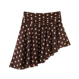 Women's Fashion Polka Dot Skirt Dark Brown Polka Dot Hem Skirt High Waist Ruffle Flowy Mini Skirt Casual Elegant Style S00Z