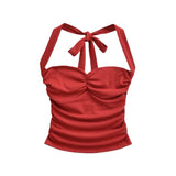 New Women's Fashion Sexy Backless Halter Neck Tie-up Ruched Tube Top Ultra-short Camisole Top In Solid Color Pure Desire F1MR