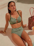 Sexy Black Striped Two Piece Bikini Set Women Metal U Neck Push Up Bra Belt High Waist Swimsuit Beach Bathing Suit Swimwear 2026