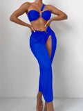 3 Pieces One shoulder Ring Link Bikini 2026 Women & Skirt Swimsuit Solid Sexy Swimwear Female Bathers Bathing Swimming Swim Suit