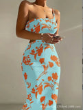 Print One Shoulder Spaghetti Strap Dresses Women Sexy Hollow Out Backless Package Hip Bodycon Dress Fashion Trendy Lady Vestidos