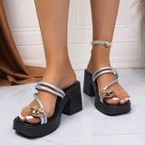 Metal Decor Clip Toe High Heeled Sandals Women Summer Slip On Thick Heel Sandles Woman Plus Size 42 Chunky Platform Slippers