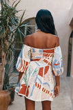 Women Vintage Print Patchwork Mini Dress Summer Sexy Fashion Elegant Short Sleeve Bodycon Off Shoulder Backless Party Dresses
