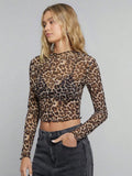 European American Women Mesh Leopard Print Tops Stand Collar Long Sleeve Short T Shirt Elegant Versatile Inner Blouse Daily Casu