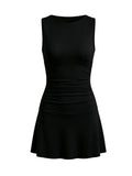 2026 Fashion Women Tank Dress Dots Print/Solid Color Sleeveless Slim Fit Ruched Short Dress for Daily Office Party