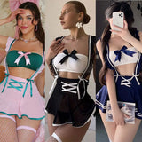 Erotic Open Crotch Cosplay Maid Student Uniform Temptation Lingerie Sets Miniskirt Women Backless Lolita Costume Sex Clothes