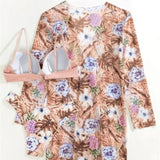 Boho Style Women's 3 Pieces Swimsuit Floral Bikini Set+Long Sleeve Cover-Up Swimwear Sexy Low Waist Tankinis Beachwear Holiday