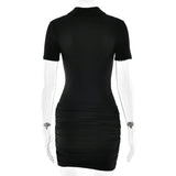 FDYOUI Women's Polo Collar Zip-up Jumpsuit Dress Chic Short Sleeve Folds Solid Bodysuits One Piece Yoga Fitness Sporty Playsuits