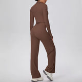 2 Pcs Women's Seamless Yoga Set Long-sleeved Wide-leg Pants Tracksuit Fitness Sports Set High-waisted Hip-lifting Slim-fit Suit