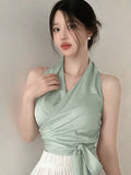Women Blouses Slim Fit V-neck Lace Up Open Stitch Versatile Sleeveless Top For Female Chiffon Tops Summer Fashion PPAY