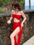 2025 Korean Swimsuit Women Sexy Bikini Red Split Long Skirt Swimsuit Women Halter 3D Flower Push Up Holiday 3 Piece Swimwear