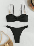 Front Knotted Metal Strap Ribbed Bikini Women Swimwear Female Swimsuit Two Pieces Bikini Set High Cut Bathing Suit Swim Beach