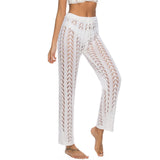 S - XL Women Crochet Knitted Beach Pants Hollow Out Elastic Straight Casual Trouser Holiday Beach Wide Leg Bikini Cover Up V2651