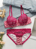 Women's sexy pink leopard print lace bra thin, breathable with steel rims push up bra daily close fitting underwear set A3131