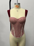 Retro French Jacquard Red Plaid Camisole 2026 Women Sexy Lace Trim Spliced Off Shoulder Chest Wrapped Fishbone Chest Party Tops