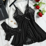 Tulle Suspenders Exquisite Lace V-Neck Nightdress Women's Underwear Semi-transparent Thong Dress Set Lingerie Nightgowns