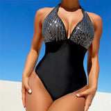 Sexy Shiny Sequins Deep V Backless Monokini Halter Women Swimwear One Piece Swimsuit Female Bather Bathing Suit Swim Lady K4996