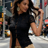 Women's Summer Short Sleeve Mandarin Collar Button Up Shirt Elegant Floral Lace Front Frog Button Closures Mesh Top for Party