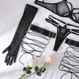 Toucheart Sexy Mesh Lingerie Split Kit with Gloves Steel Ring Laceup Patchwork Skinny See-through Hollow Interesting Private Set