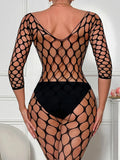 Cutout Perspective Long Sleeve Big Mesh Bodysuit, Women Black Sexy Underwear Bold Sexy Clothing Crotchless Unobstructed Jumpsuit